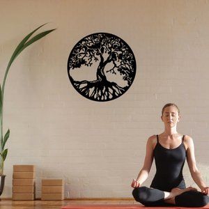 Metal Wall Hanging Tree Of Life Decor, 16" X 16", BLK